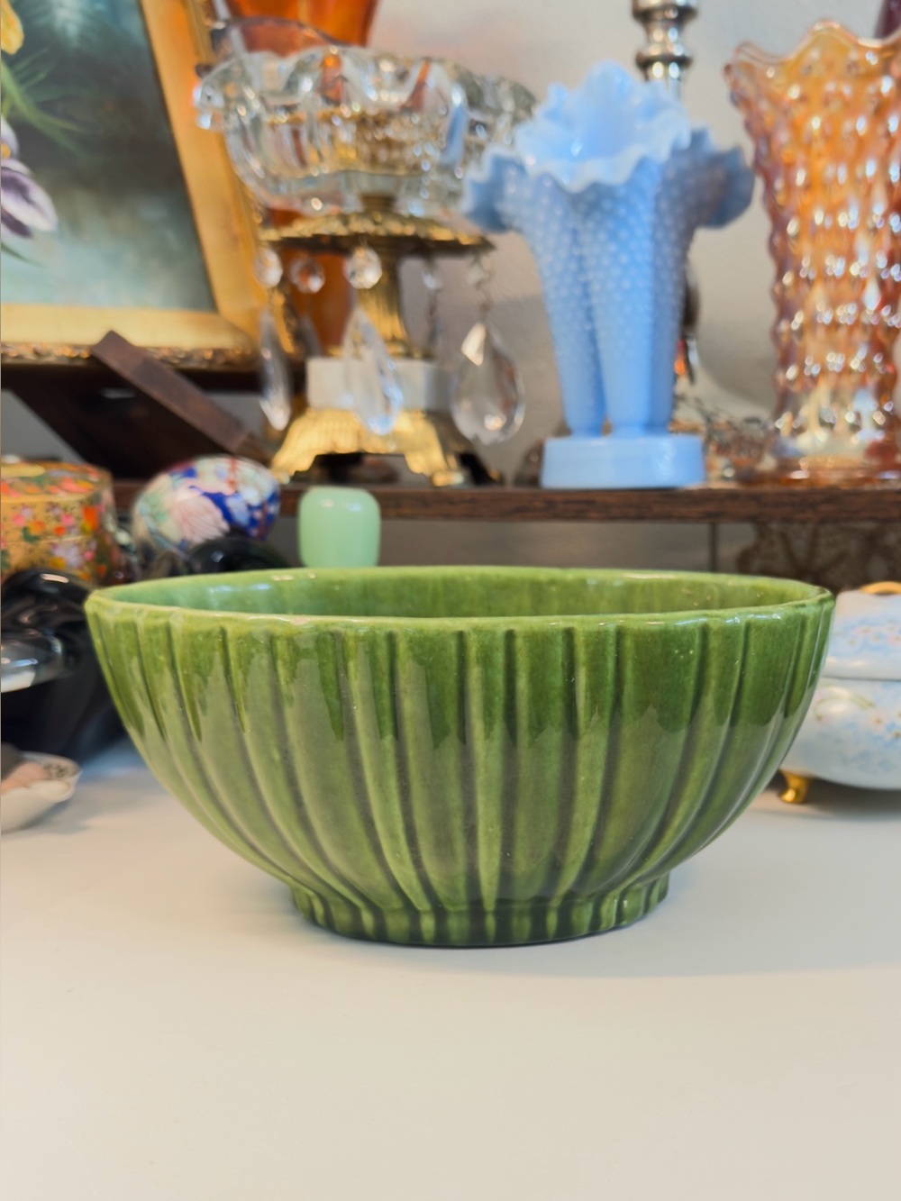 Haeger Pottery Green Ribbed Oval Planter Bowl #4020 USA Mid-Century MCM